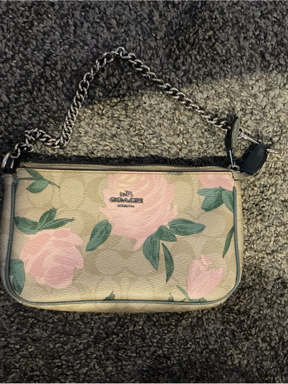 Coach Floral Chain Wristlet - Pink & Green on Tan